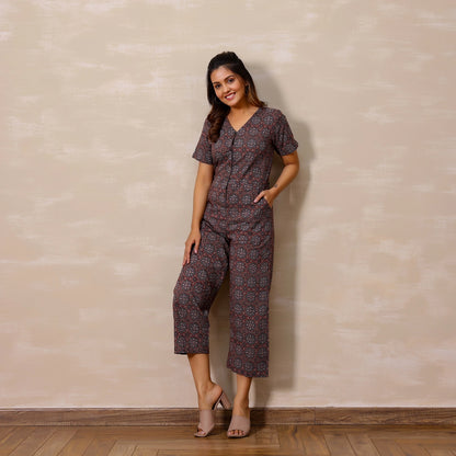 Navy Blue and Maroon Ajrakh Print Cotton Jumpsuit