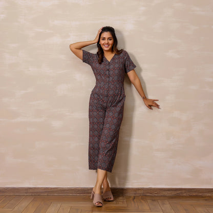 Navy Blue and Maroon Ajrakh Print Cotton Jumpsuit