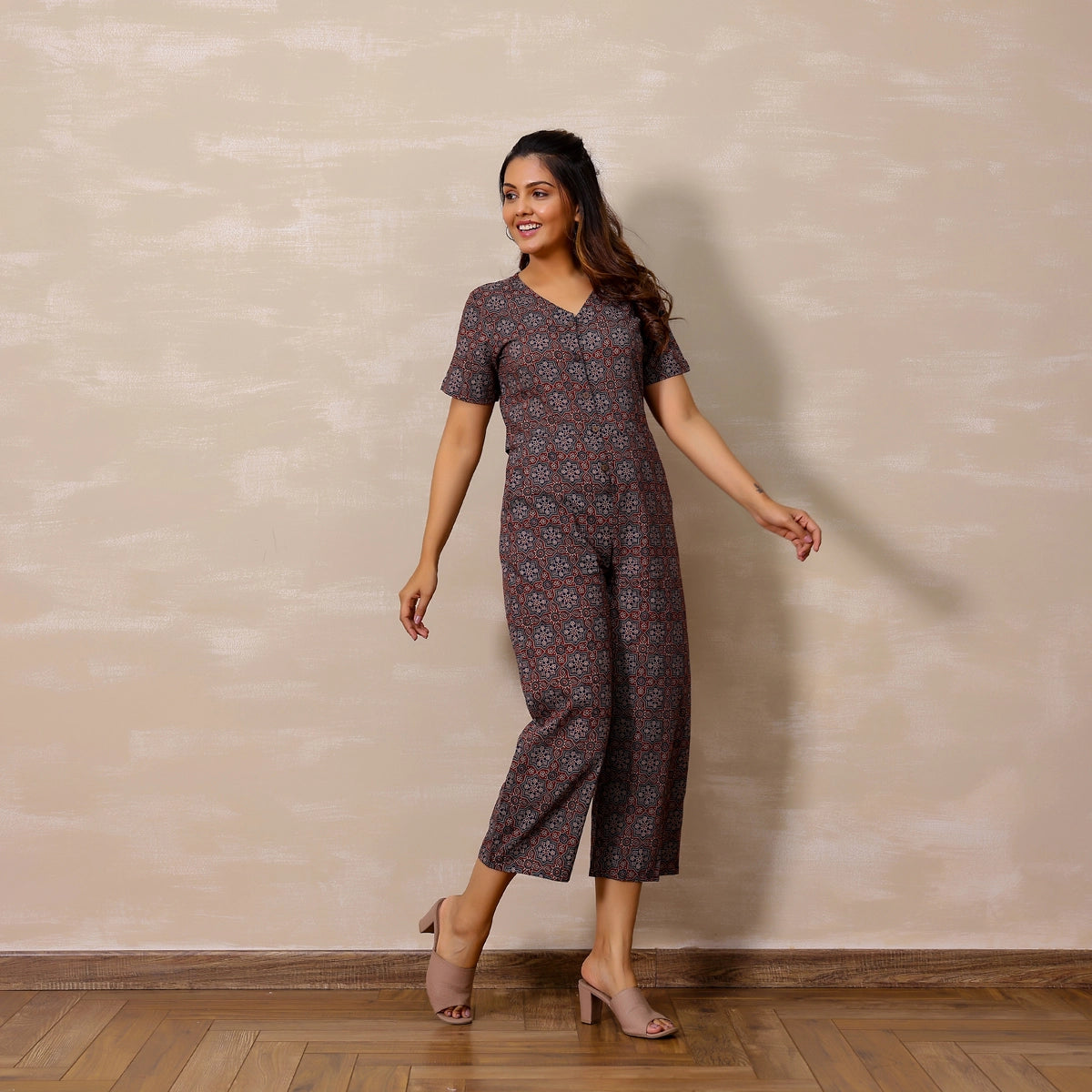 Navy Blue and Maroon Ajrakh Print Cotton Jumpsuit