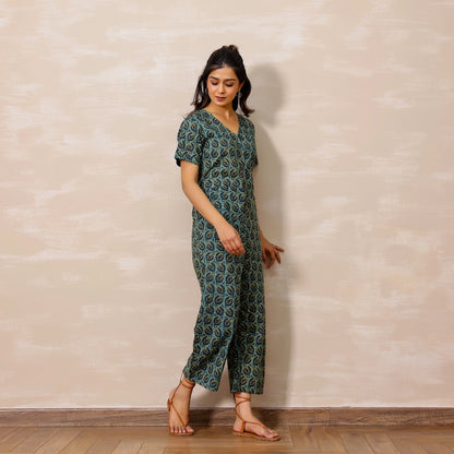 Pastel Blue Ajrakh Print Cotton Jumpsuit