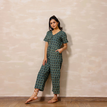 Pastel Blue Ajrakh Print Cotton Jumpsuit