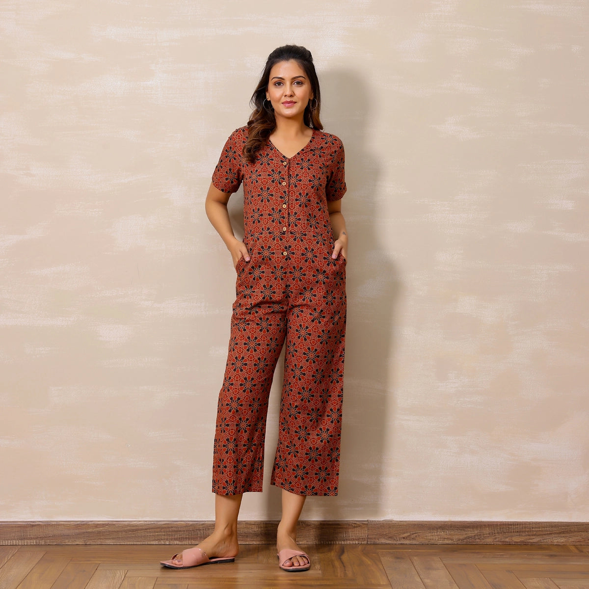 Red Ajrakh Print Cotton Jumpsuit