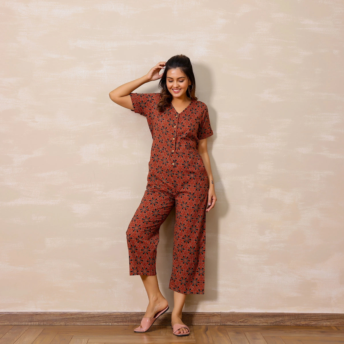 Red Ajrakh Print Cotton Jumpsuit