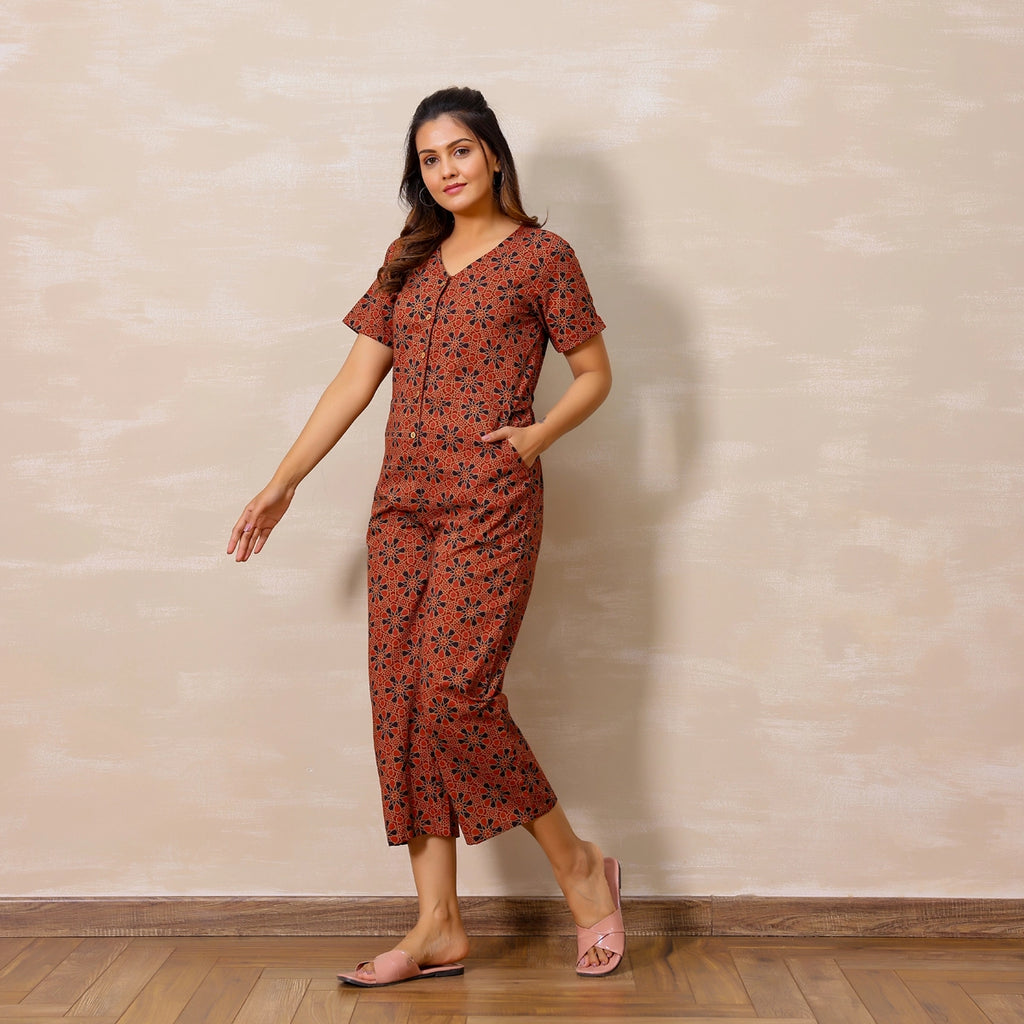 Red Ajrakh Print Cotton Jumpsuit