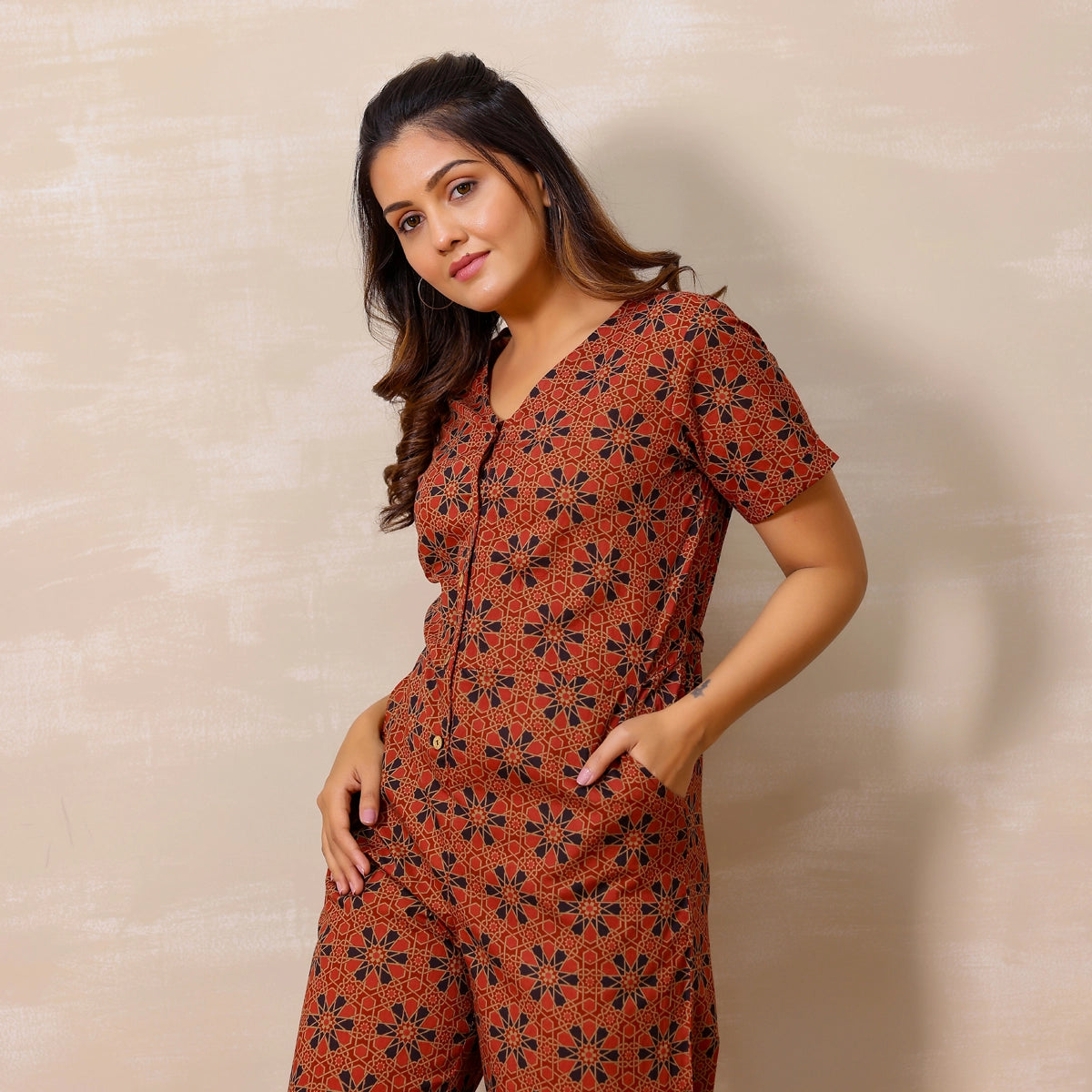 Rust Red Ajrakh Print Cotton Jumpsuit