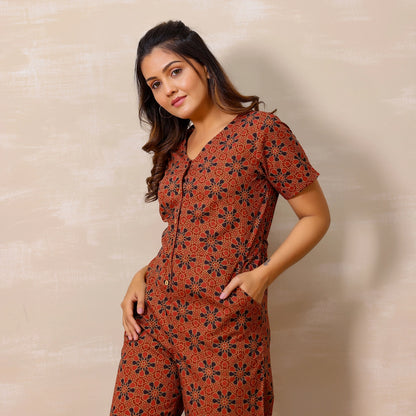 Red Ajrakh Print Cotton Jumpsuit