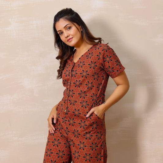 Red Ajrakh Print Cotton Jumpsuit