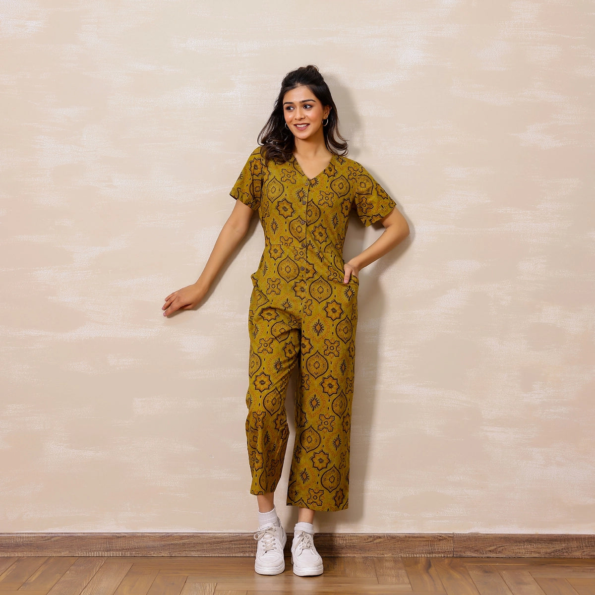 Mustard yellow Ajrakh Print Cotton Jumpsuit