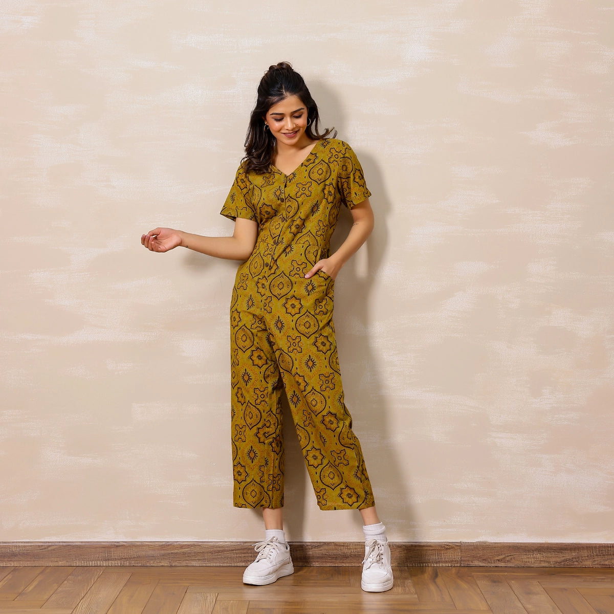 Mustard yellow Ajrakh Print Cotton Jumpsuit