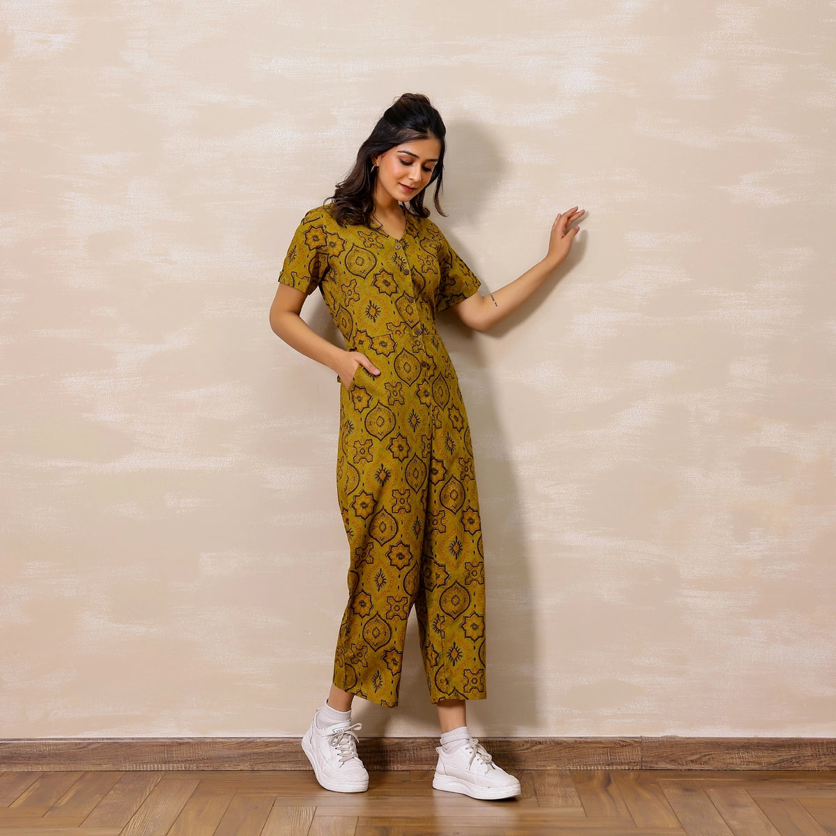 Mustard yellow Ajrakh Print Cotton Jumpsuit