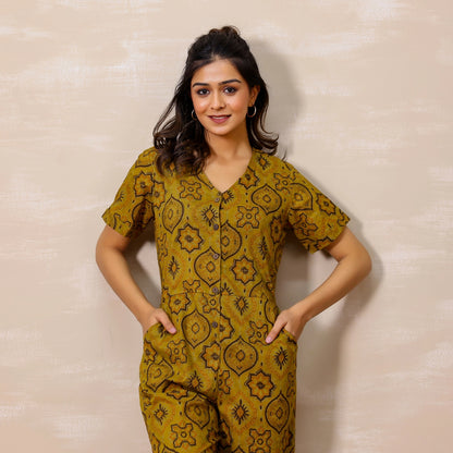 Mustard yellow Ajrakh Print Cotton Jumpsuit