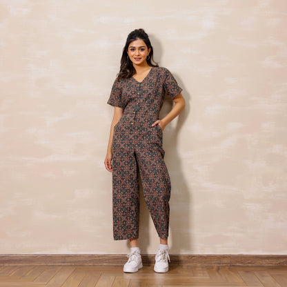 Bottle green Ajrakh Print Cotton Jumpsuit