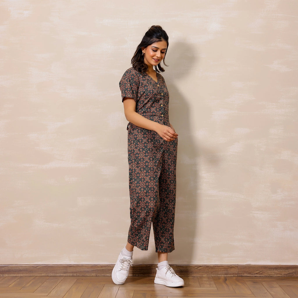 Bottle green Ajrakh Print Cotton Jumpsuit