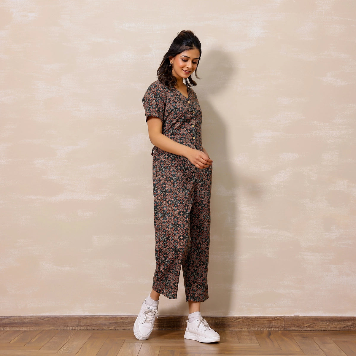 Bottle green Ajrakh Print Cotton Jumpsuit