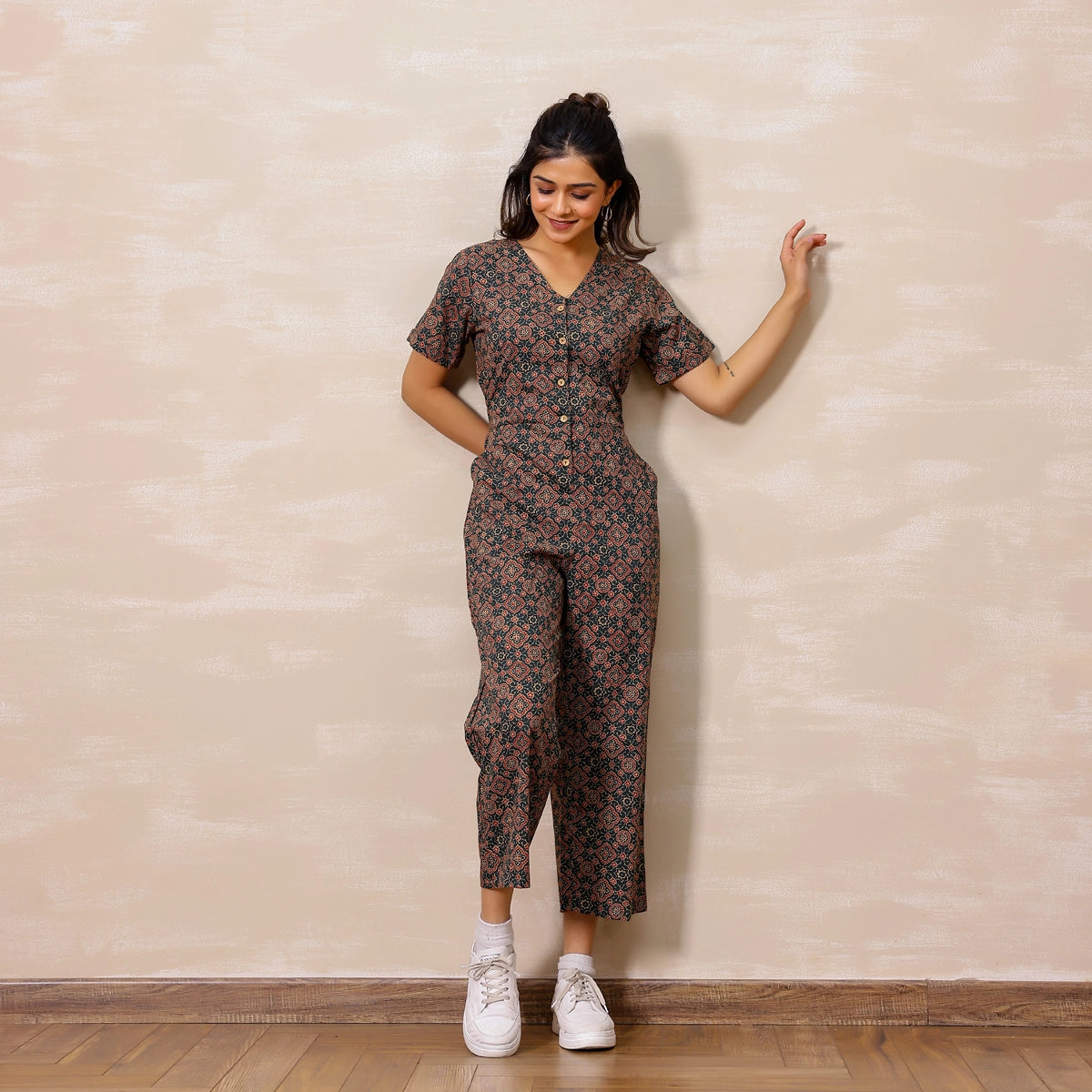 Bottle green Ajrakh Print Cotton Jumpsuit