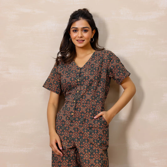 Bottle green Ajrakh Print Cotton Jumpsuit