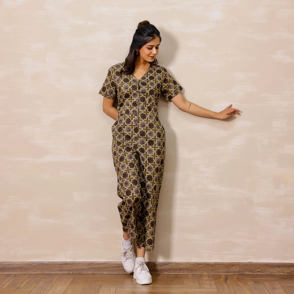 Pastel Grey Ajrakh Print Cotton Jumpsuit