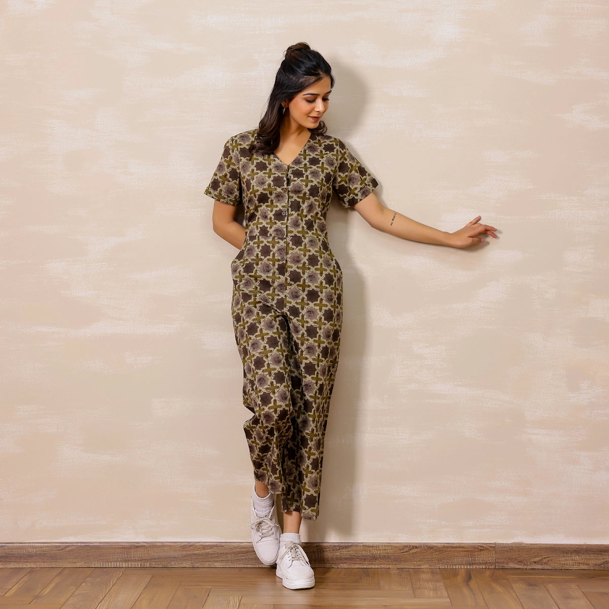 Pastel Grey Ajrakh Print Cotton Jumpsuit