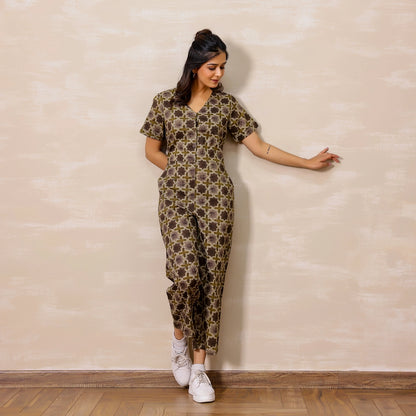 Pastel Grey Ajrakh Print Cotton Jumpsuit