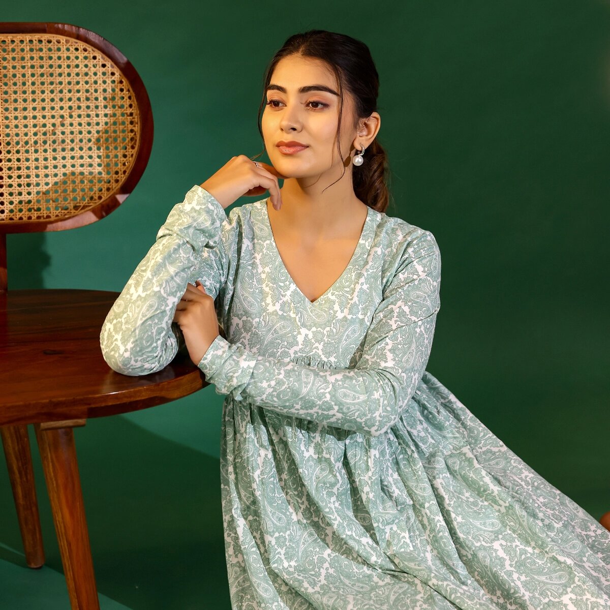 White and Green Paisley print Alia Cut Cotton Co-ord set