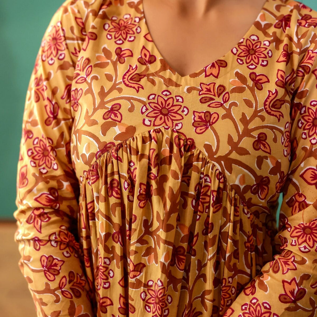 Mustard yellow Floral Print Alia Cut Cotton Co-Ord Set