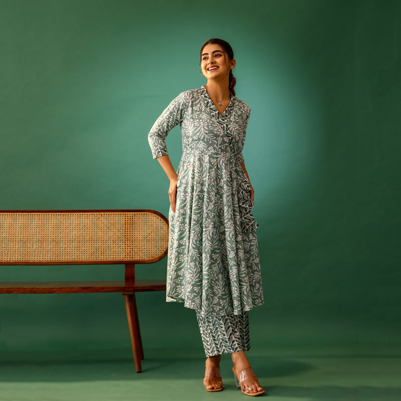 Pastel Green and White Floral Print Cotton Co-ord Set