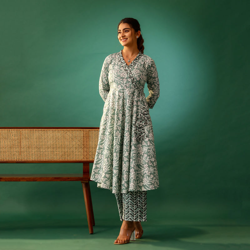 Pastel Green and White Floral Print Cotton Co-ord Set