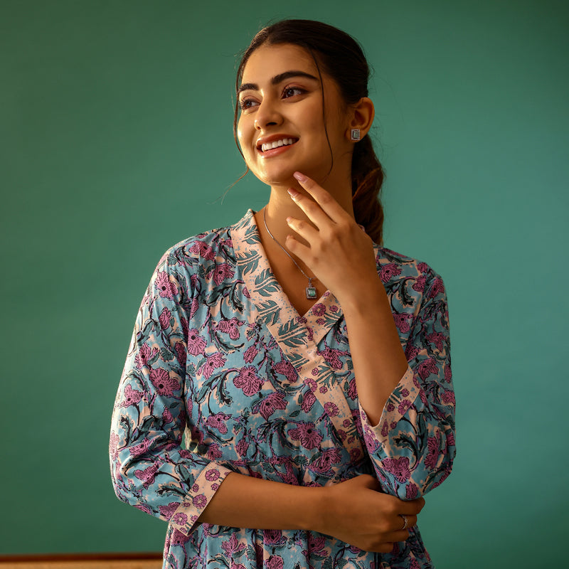 Pastel Blue and Cream Floral Print Cotton Co-ord Set