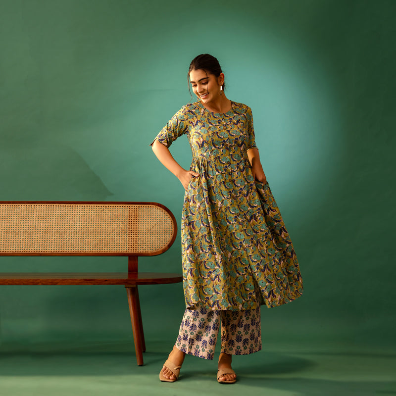 Mahendi Green and Cream Floral Print Cotton Co-ord Set