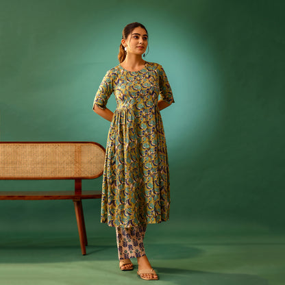 Mahendi Green and Cream Floral Printed Cotton Co-ord Set