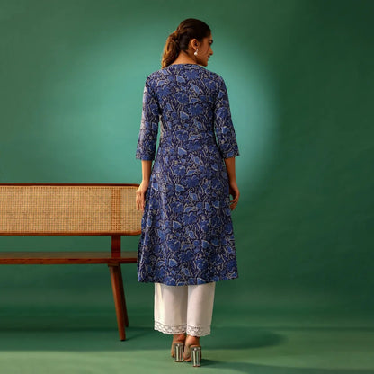 Indigo Floral Printed Kantha Cotton Kurti