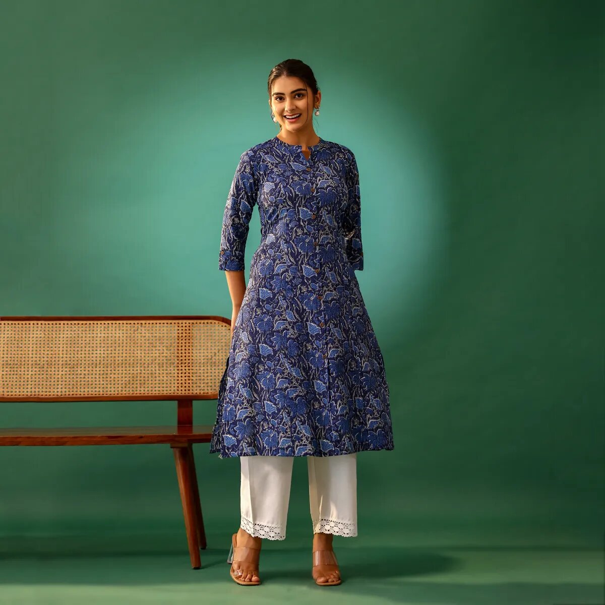 Indigo Floral Printed Kantha Cotton Kurti