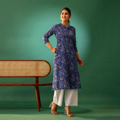 Indigo Floral Printed Kantha Cotton Kurti