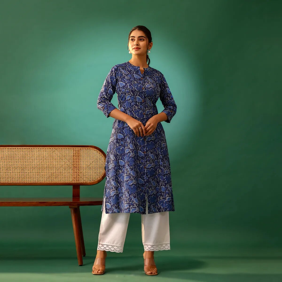 Indigo Floral Printed Kantha Cotton Kurti