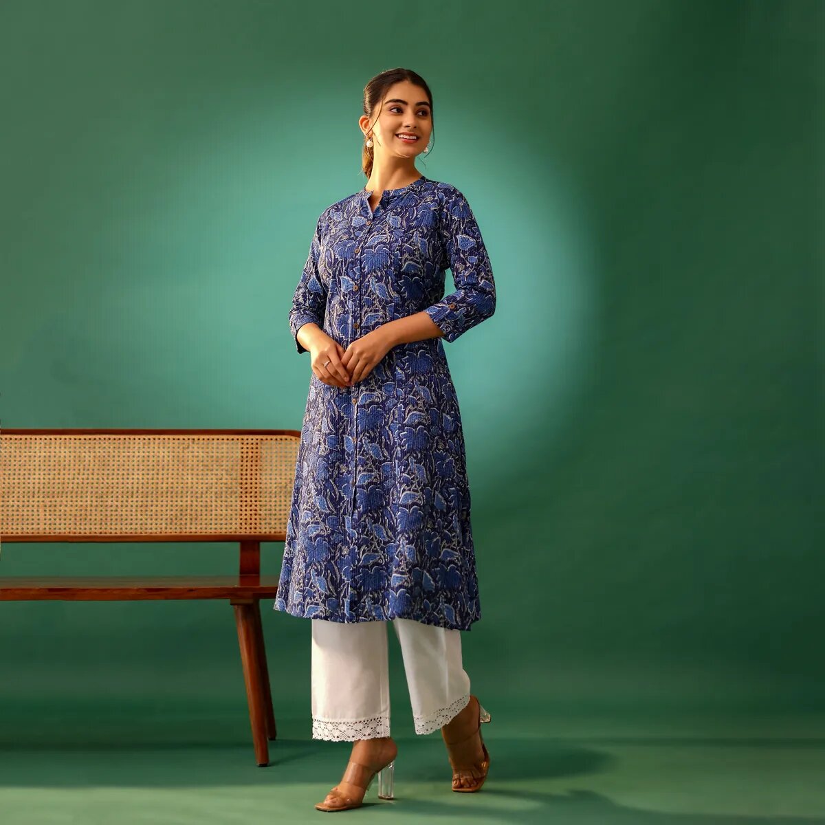 Indigo Floral Print Katha Cotton Kurti