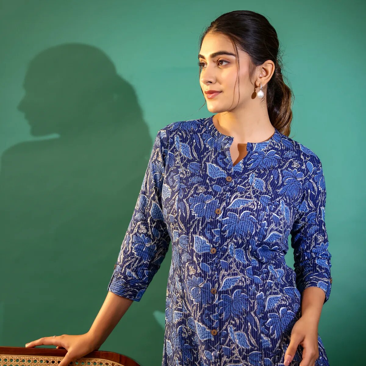 Indigo Floral Print Katha Cotton Kurti