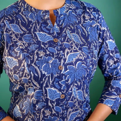 Indigo Floral Printed Kantha Cotton Kurti