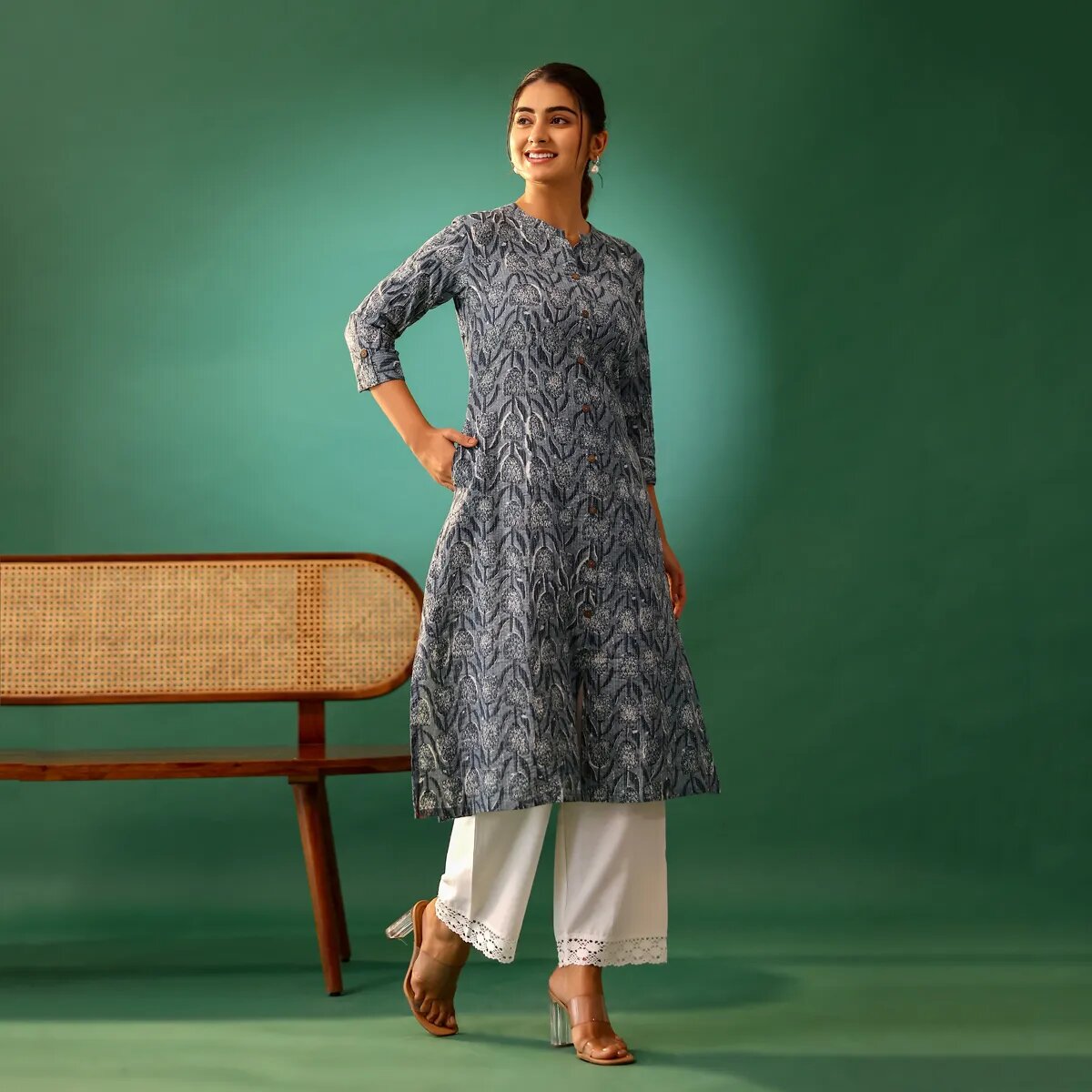 Grey Motif Print Cotton Katha kurti
