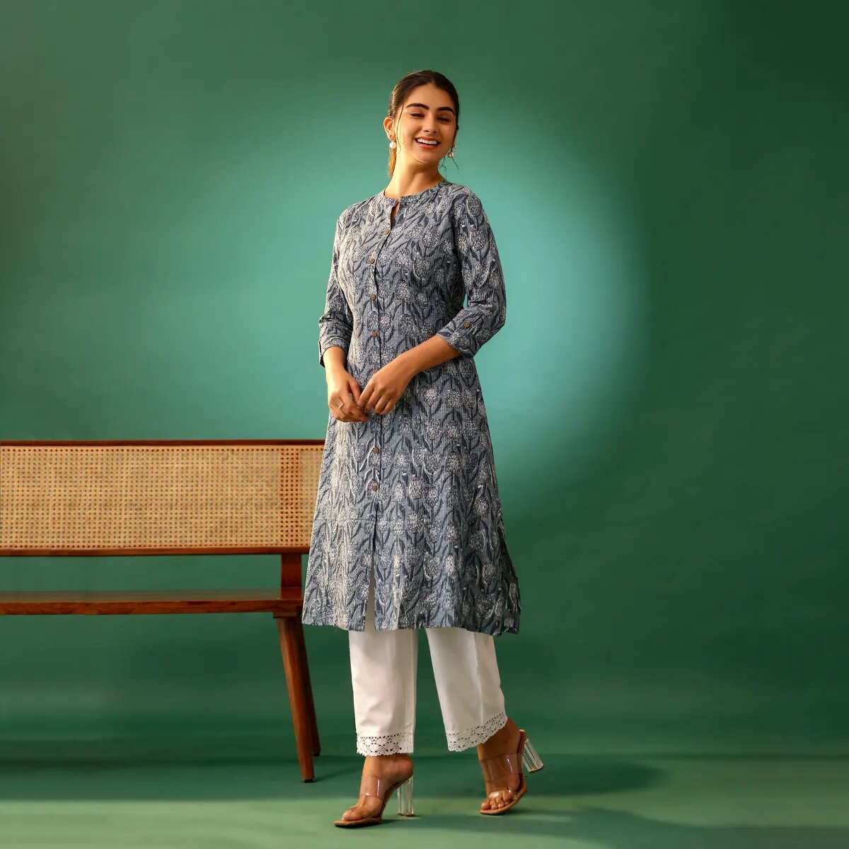 Grey Motif Print Cotton Katha kurti