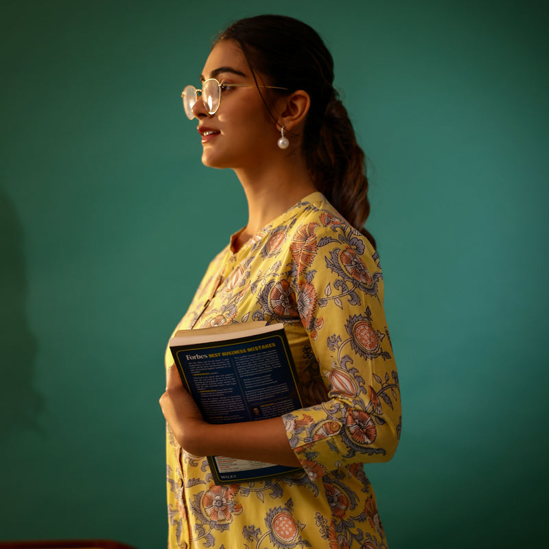 Pastel Yellow Floral Printed Cotton Kurti