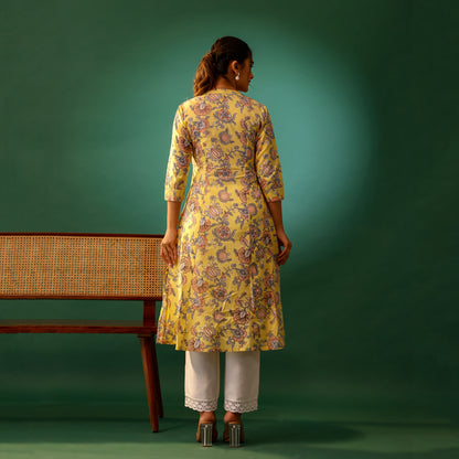 Pastel Yellow Floral Printed Cotton Kurti