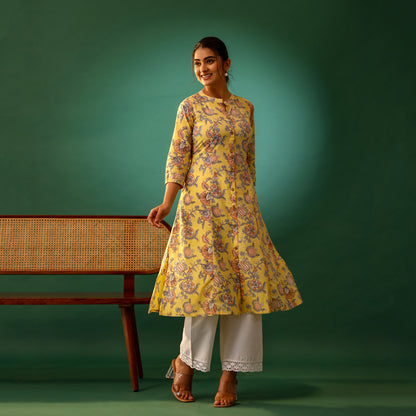 Pastel Yellow Floral Printed Cotton Kurti