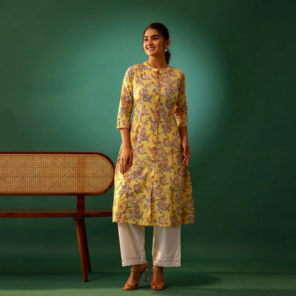 Pastel Yellow Floral Printed Cotton Kurti