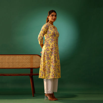 Pastel Yellow Floral Printed Cotton Kurti