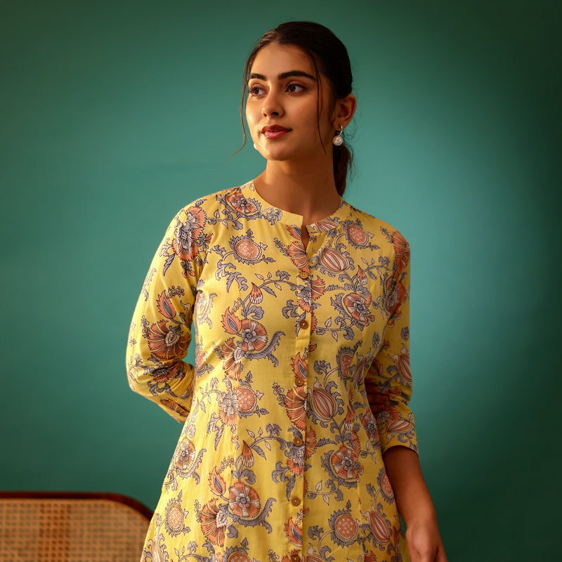 Pastel Yellow Floral Printed Cotton Kurti