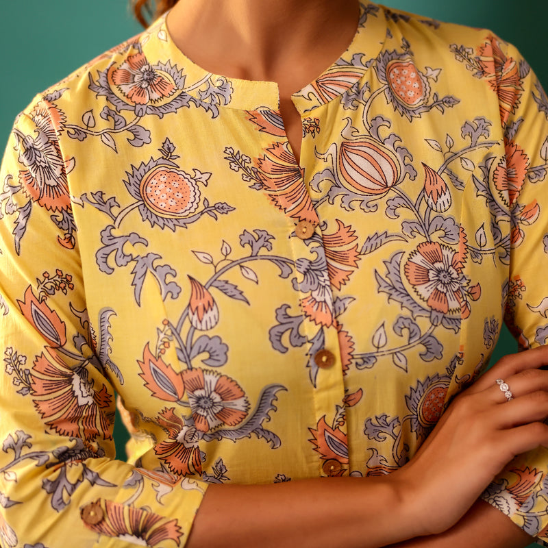 Pastel Yellow Floral Printed Cotton Kurti