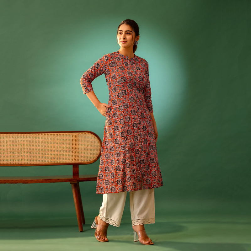 Rustic Red Ajrakh Printed Cotton Kurti