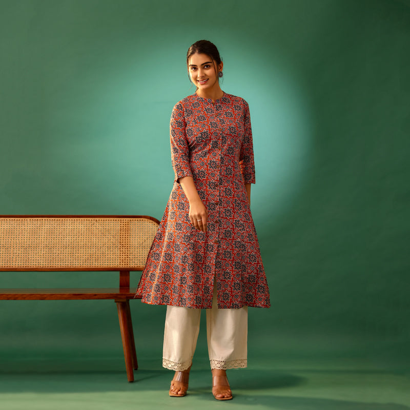 Rust Red Ajrakh Print Cotton Kurti