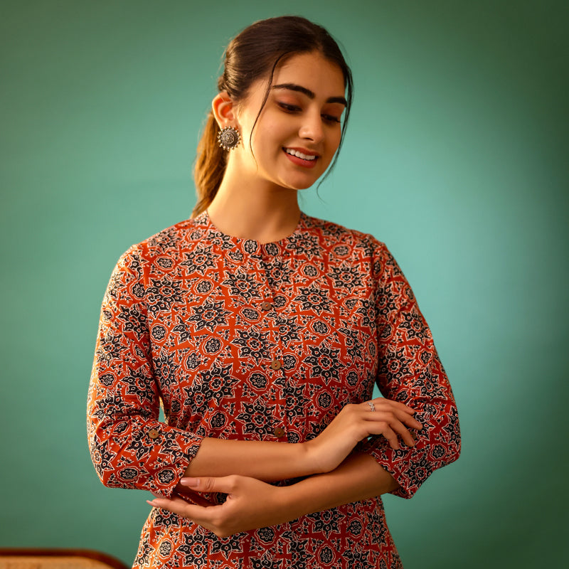 Rust Red Ajrakh Print Cotton Kurti