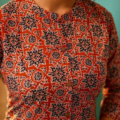 Rustic Red Ajrakh Printed Cotton Kurti